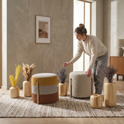 Gruppe Hocker Polyester Wohnzimmer Sitz Stoff Luxus Sitzer 2tlg. Neu
