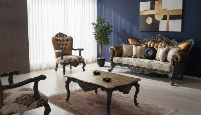 Gründerzeit Möbel Klassische Sofagarnitur Couch Chesterfield 3+1+ Tisch