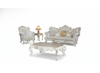 Chesterfield Sofa Polster Garnitur 3+1 Sitz Weiß Textil Dreisitzer Couchtisch
