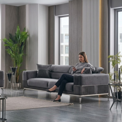 Grau Sofa 3 Sitz Dreisitzer Luxus Couch Grau Möbel Polster Textil Samt