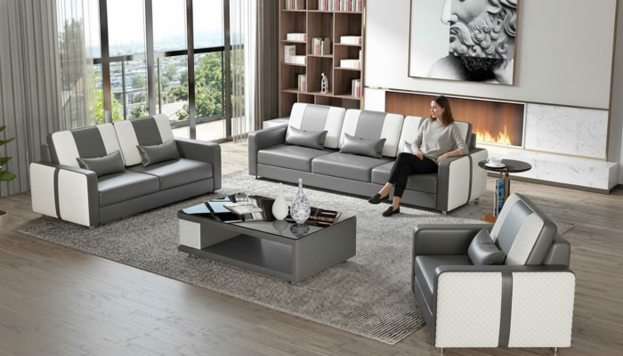 Komplette Sofa Sofagarnitur Luxus Couchgarnitur Grau Kunstleder 321