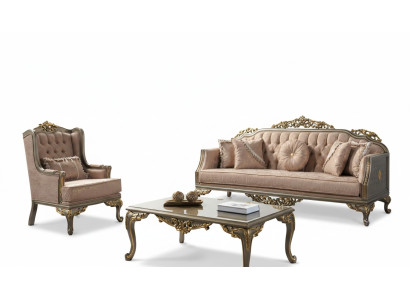 Chesterfield Sofagarnitur Dreisitzer Sessel Stoff Couchtisch Beige Neu