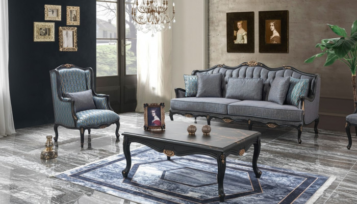Chesterfield Sofagarnitur Dreisitzer Sessel Stoff Couchtisch Blau Neu