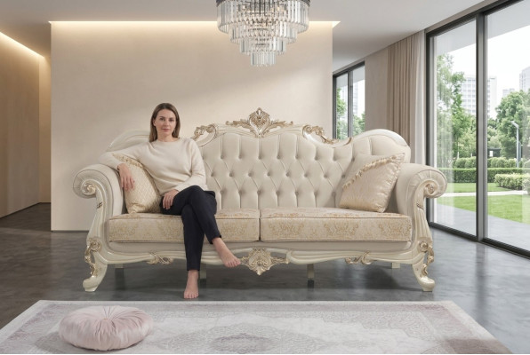Dreisitzer Sofa 3 Sitz Stoffsofa Polstersofa Beige Stoff Chesterfield