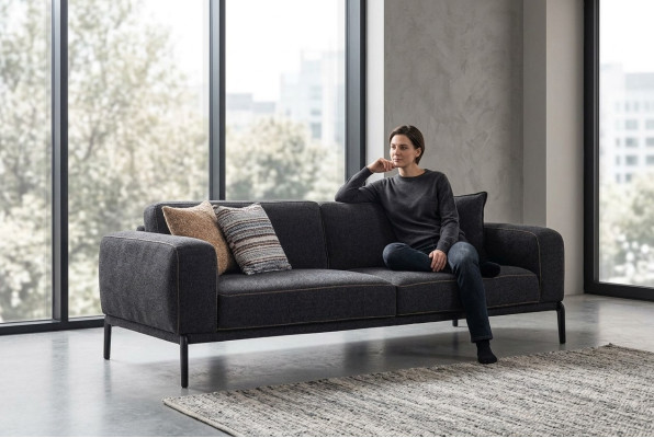 Elegantes Polstersofa Sofa 3 Sitzer Couch Dreisitzer Grau Stoff Modern Polstersofa
