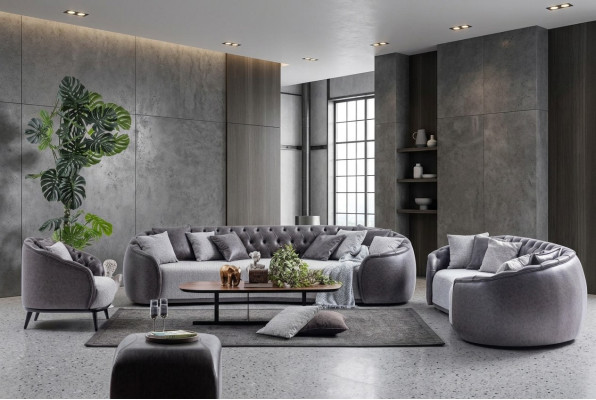 Luxus Villen Möbel Graue Chesterfield Sofagarnitur Stoffcouchen Textil 4+3+1