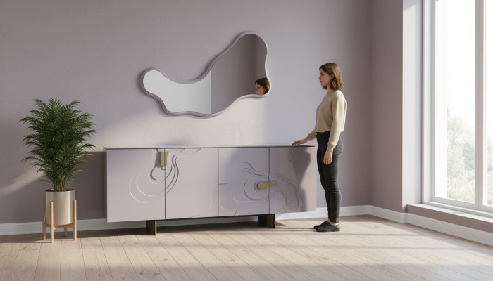 Anrichte Garnitur Sideboard mit Spiegel Schrank Holz Rosa Esszimmer