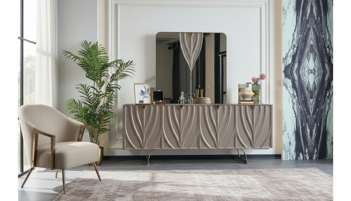 Anrichte Garnitur Sideboard mit Spiegel Esszimmer Holz Braun Schrank