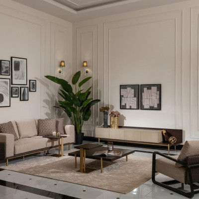 Komplette Wohnzimmer Sofa Couchtische 6tlg Stoffsofa Beige Holz Modern