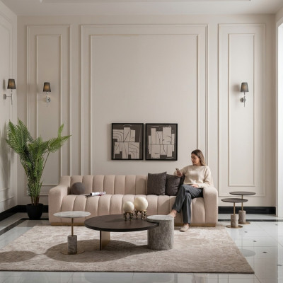 Garnitur Wohnzimmer Dreisitzer Couchtische 4tlg Stoffsofa Beige Holz