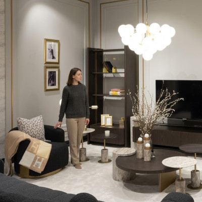 Großes Komplette Wohnzimmer Sessel Tische 7tlg Stoff Braun Holz Regale