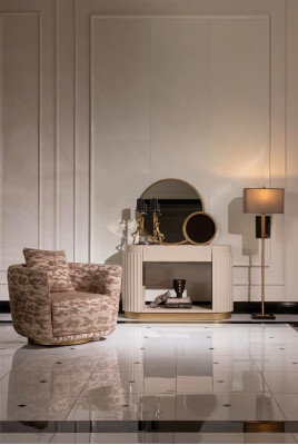 Garnitur Wohnzimmer Sessel Kommode Spiegel Beige Stoff Holz Relax 3tlg