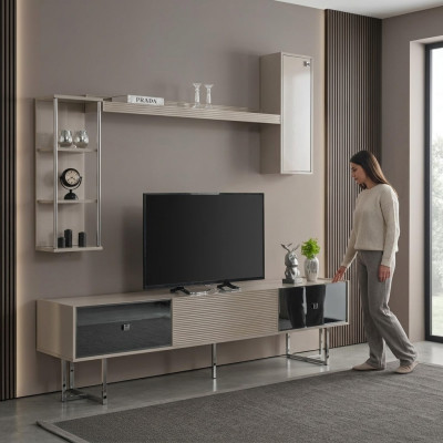 Wohnwand RTV Lowboard TV Ständer Schrank Holz Grau Regale Wohnzimmer