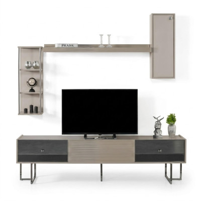 Wohnwand RTV Lowboard TV Ständer Schrank Holz Grau Regale Wohnzimmer