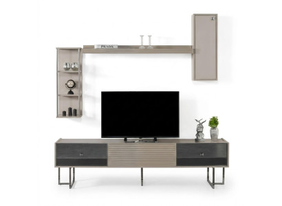 Wohnwand RTV Lowboard TV Ständer Schrank Holz Grau Regale Wohnzimmer