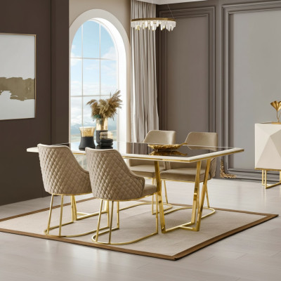 Moderne Essgruppe Luxus Essecke Esstisch Esstisch Stühle 7tlg Beige Gold Set