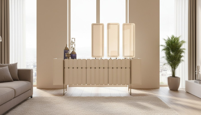 Modernes Beiges Sideboard Luxuriöse Anrichte Exklusive x3 Spiegel 4tlg