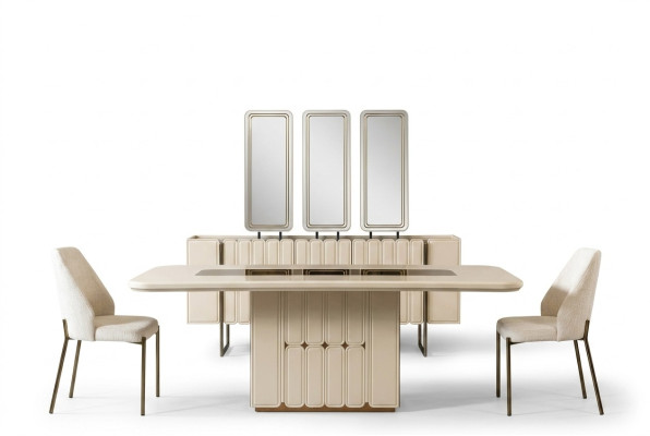 Modernes Weißes Esszimmer Set Esstisch Sideboard Stühle x3 Spiegel 9tlg