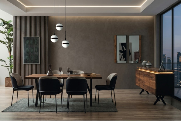 Komplette Braun-Schwarze Essgruppe Designer Holz Esstisch Polsterstühle