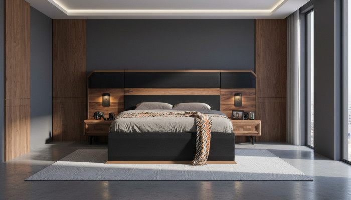 Braun-Schwarze Holz Schlafzimmer Garnitur Doppelbett 2x Nachttische 3tlg