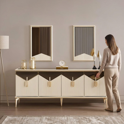Luxus Sideboard Anrichte Schrank Kommode Holzschrank Holz Beige Gold