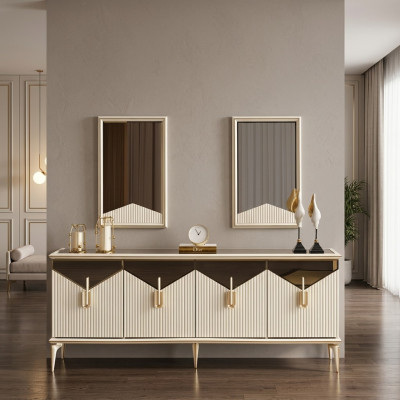 Luxus Sideboard Anrichte Schrank Kommode Holzschrank Holz Beige Gold