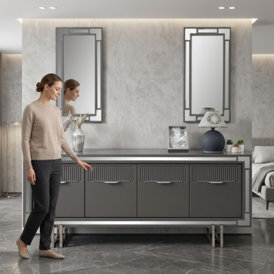 Holzschrank Anrichte Sideboard Grau Schrank Kommode Holz Esszimmer