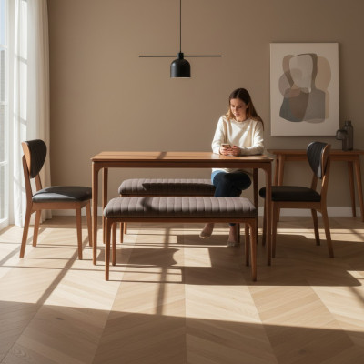 Essgruppe Holz Esszimmer Esstisch Stühle 6tlg Braun Essecke Bank Stoff
