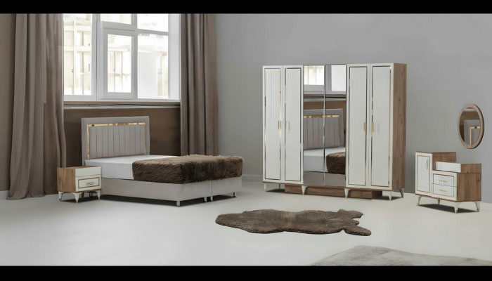 Weiß-Goldene Schlafzimmer Garnitur Schlafbett Kleiderschrank Kommode