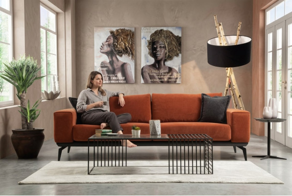 Sofa Orange Couch Dreisitzer Stoffsofa Polstersofa Modern Stoff 3 Sitz