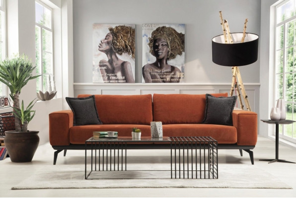 Sofa Orange Couch Dreisitzer Stoffsofa Polstersofa Modern Stoff 3 Sitz