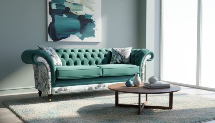 Ein lebhaftes Dreisitzer-Sofa aus Chesterfield in einer zarten Smaragdfarbe mit Blumenmuster