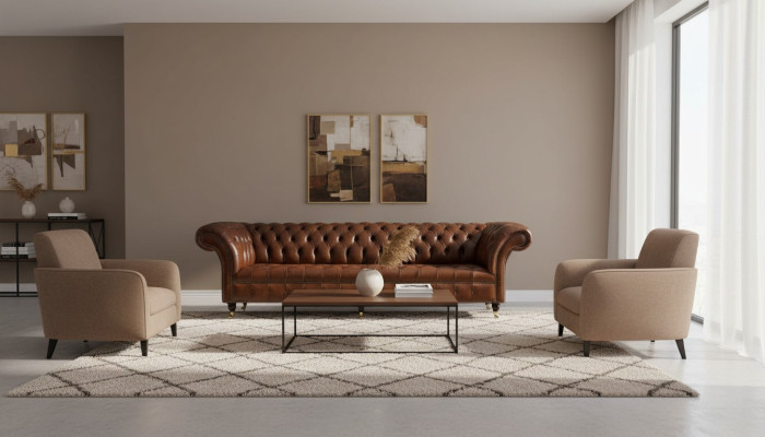 Sofa 4 Sitzer Luxus Möbel Chesterfield Leder Braun Design Modern Stil