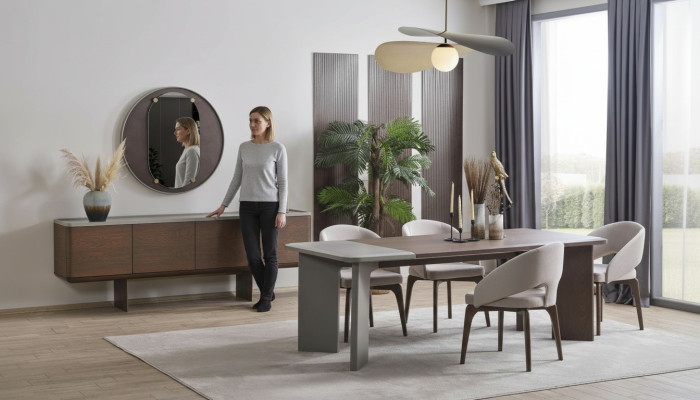 Große Esszimmer Garnitur Designer Esstisch 4x Stühle Sideboard Spiegel