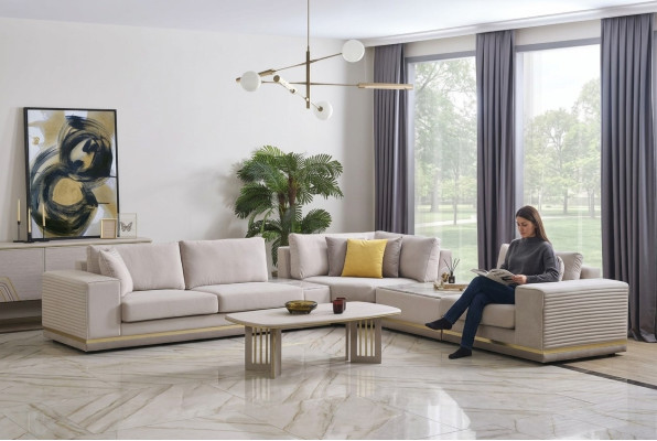 Wohnzimmer Hellbeiges Ecksofa L-Form Couch Modernes Textil Sofa Möbel