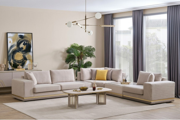 Wohnzimmer Hellbeiges Ecksofa L-Form Couch Modernes Textil Sofa Möbel
