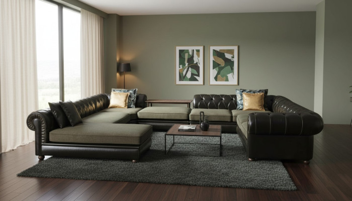 Schwarz-grünes Ecksofa U-Form Polster Wohnlandschaft Relax Luxus Couch