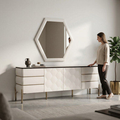 Moderne Esszimmer Garnitur Designer Weißes Sideboard Großer Spiegel 2tlg