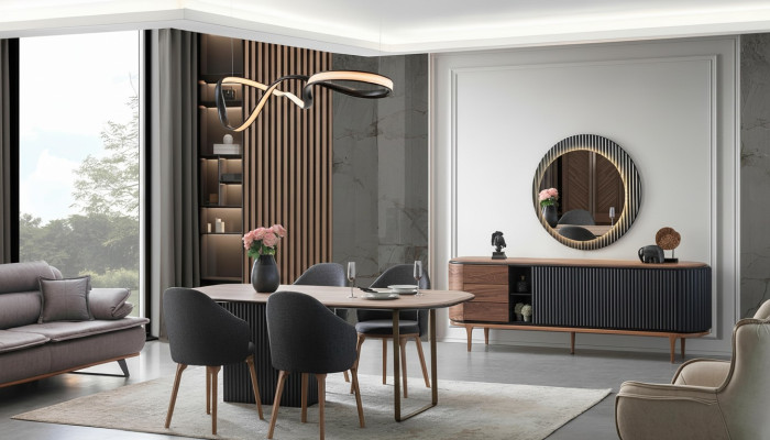Große Esszimmer Garnitur Designer Esstisch 4x Polsterstühle Sideboard