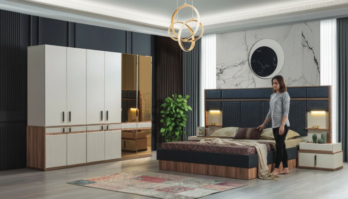 Möbel Luxury Bett 2x Nachttische Kleiderschrank Schlafzimmer Set