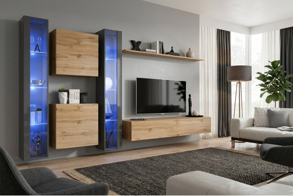 Komplett Braun Wohnwand Set Hänge Vitrine Wand Schrank Einrichtung Modern Design