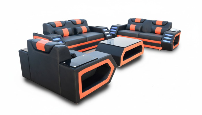 Designer Sofagarnitur Sofa Polster Set 3+2+1 Ledersofa Beleuchtet Leder