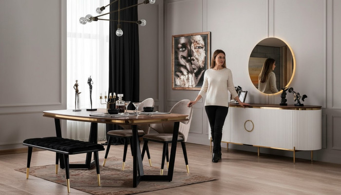 Esszimmer Set Besteht aus Esstisch 4x Stühle Bank Anrichte Spiegel 8tlg.