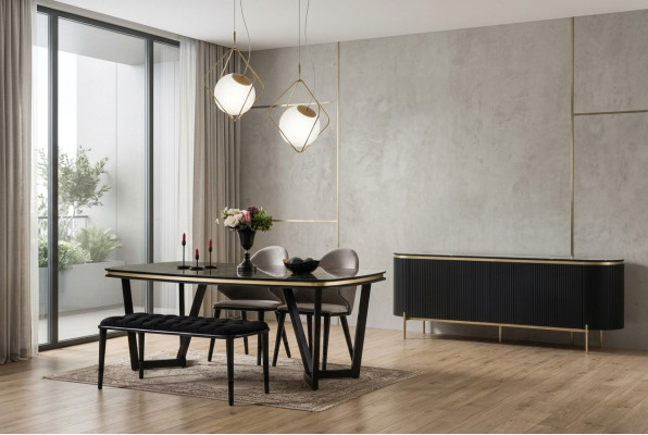 Modern 8tlg.Esszimmer Set Esstisch 4x Stühle Anrichte Spiegel Bank neu