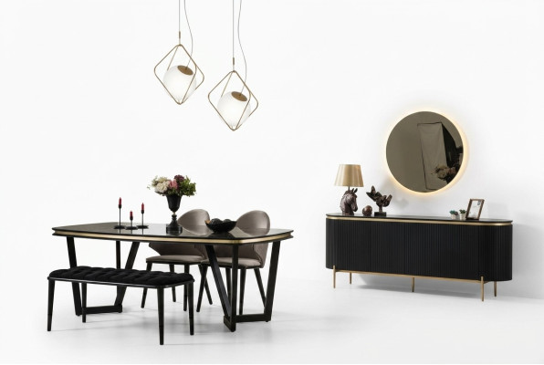 Modern 8tlg.Esszimmer Set Esstisch 4x Stühle Anrichte Spiegel Bank neu