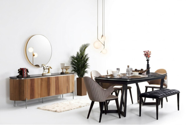 Stilvoll 8tlg.Esszimmer Set Esstisch 4x Stühle Anrichte Spiegel Bank neu