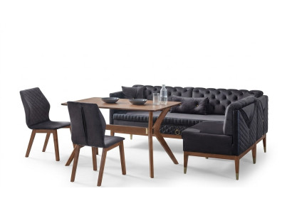 Schwarz-Braunes Esszimmer Set Chesterfield Eckbank Designer Esstisch
