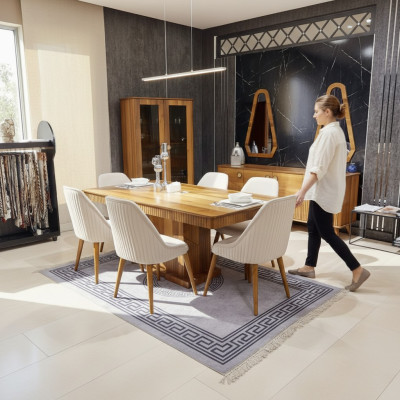 Exklusive Hellbraue Esszimmer Garnitur Holz Esstisch 6x Stühle Anrichte