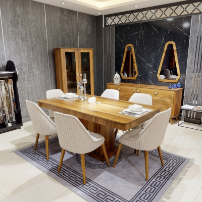 Exklusive Hellbraue Esszimmer Garnitur Holz Esstisch 6x Stühle Anrichte