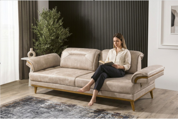Designer Beiger 3-Sitzer Wohnzimmer Sitzcouch Luxuriöse Textil Sitzmöbel